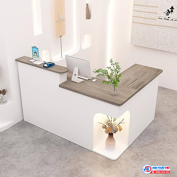 Bàn quầy lễ tân chữ l vân gỗ 1m4 x 1m2 lthd029