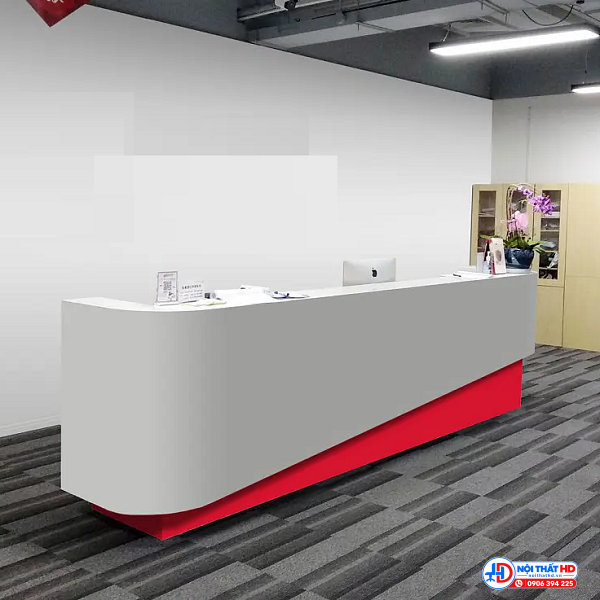 Quầy lễ tân trắng bo cong trắng phối đỏ lthd068