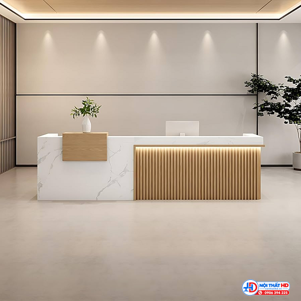 Quầy lễ tân vân đá 2m2 ốp lam sóng lthd080