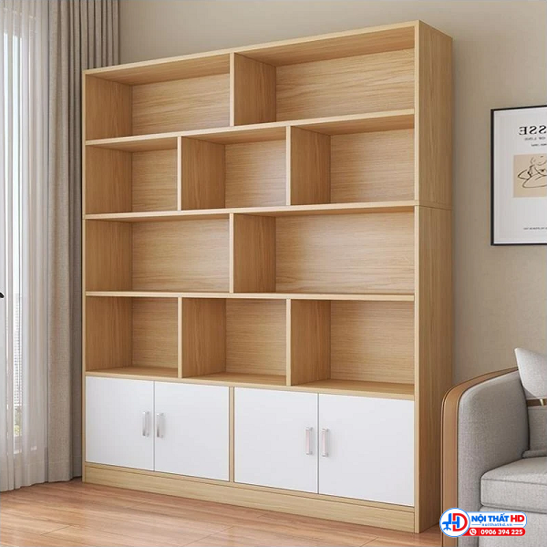 Tủ kệ trưng bày gỗ mdf vân gỗ phối trắng1m4 x 2m tbhd052