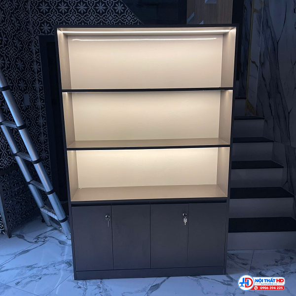 Tủ trưng bày có đèn led xám chì phối trắng