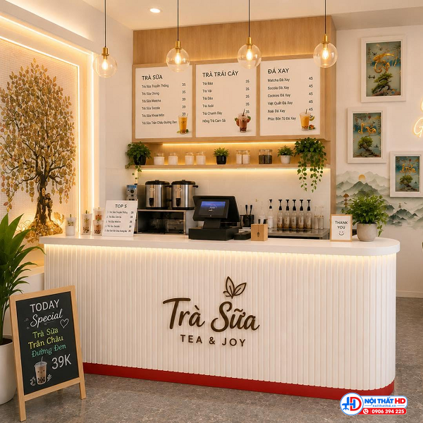 Quầy pha chế trà sữa trắng lam sóng pch033